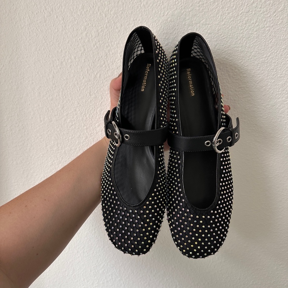 Reformation Bethany Black Mesh Jeweled Mary Jane’s